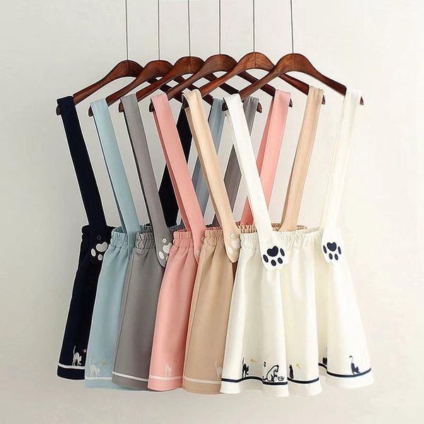 

kawaii skirts womens embroidered suspender skirt ladies korean mini a line skirts sweet pink preppy overall 2020 summer, Black