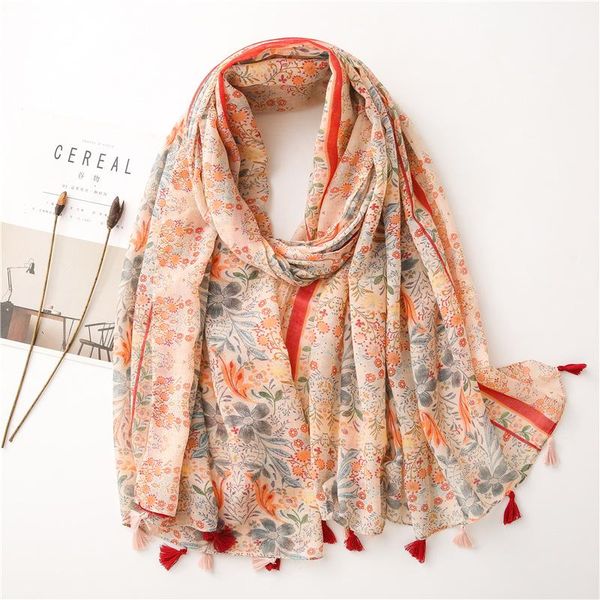 

scarves 2021 autumn scarf women fashion flowers printed bandana cotton and linen feel warm tassels foulard hair, Blue;gray