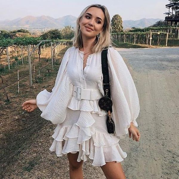 

2021 lace spring holiday flare women dress mini female dress with a seperate linen waist belt1, Black;gray