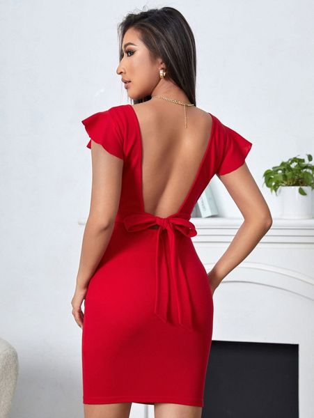 

backless knot flutter sleeve square neck bodycon dress h53f#, Black;gray
