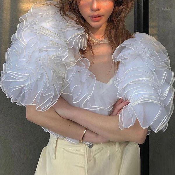 

women ruffles crop blouse mesh sheer lace up high street summer shirt 1, White