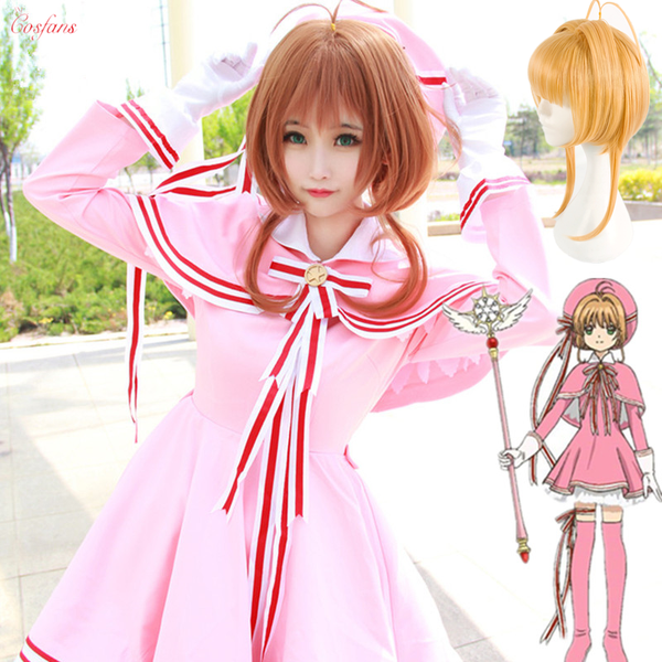

anime costumes new halloween cardcaptor sakura clear card sakura kinomoto pink dress cosplay costume custom-made for christmas sakura wig se, Black