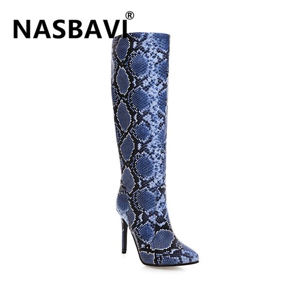 

boots woman 10cm thin heels autumn winter knee-high ladies elegant snake print pu leather women shoes size 34-43, Black