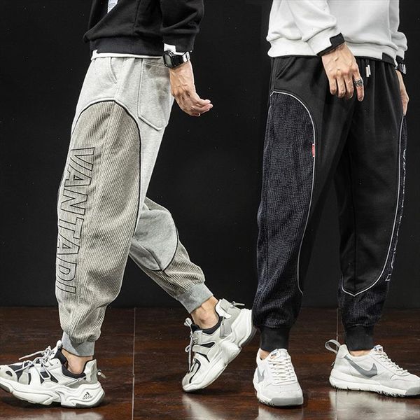 

japanese fashion casual cargo pants men corduroy spliced designer loose fit joggers harem trousers streetwear hip hop sweatpants, Black