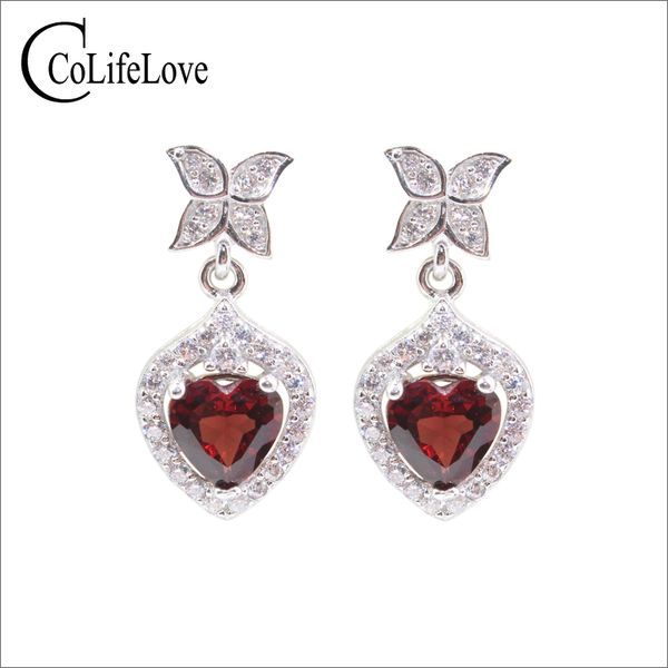 

vvs wine red garnet dangler for evening party 6 mm natural heart cut garnet eardrop solid 925 silver garnet wedding drop earrings, Golden;silver