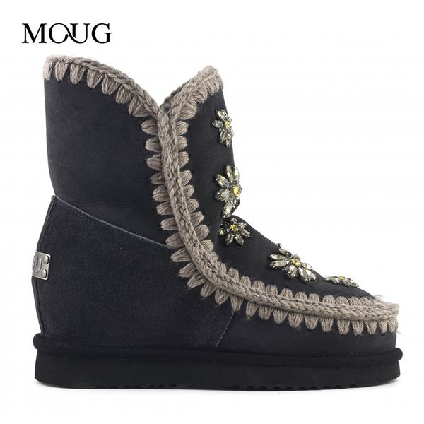 

moug winter shoes women snow boots original inner wedge 24cm crystal handmade sheepskin platform ladies ankle boots, Black