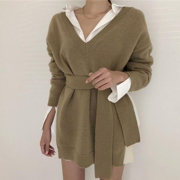 

fashion irregular women sweater v-neck lace up female knitted pullovers long sleeve sweater autumn winter knitted jumpers 20201, White;black