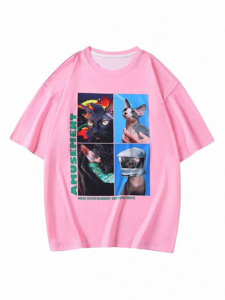 

men cat & letter graphic tee 18v5#, White;black