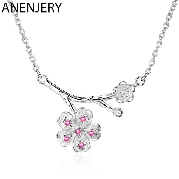 

anenjery korean simple zircon pink sakura flower necklaces for women silver color necklace chain choker s-n386