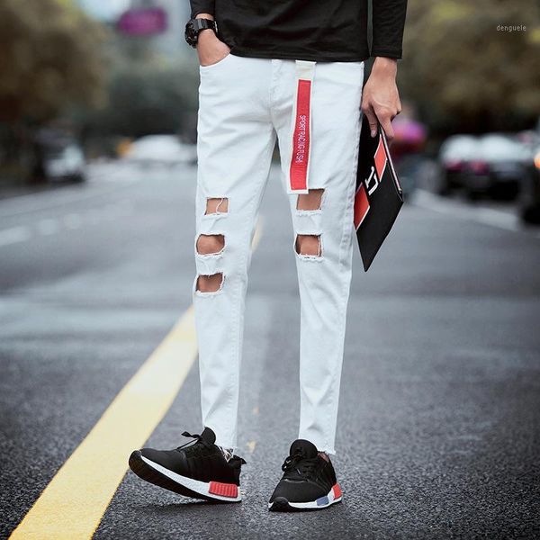 

2020 fashion big hole black white streetwear hip hop feet slightly relaxed leisure jeans men vaqueros hombre1, Blue