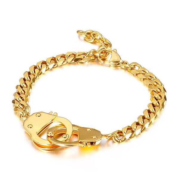 

link, chain kb138228-z men women golden stainless steel curb bracelet handcuffs charms bangle 8'', Black