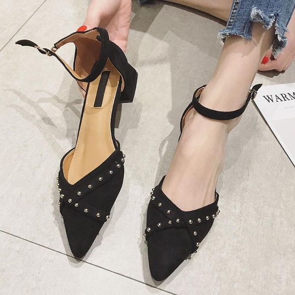

women pumps buckle strap rivet square heel spring summer females woman med high heels shoes office ladies single shoes red, Black