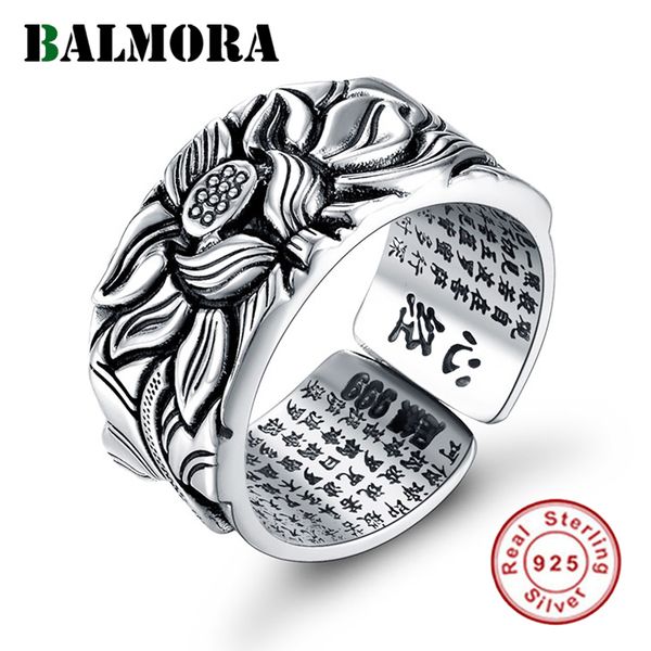 

balmora real 999 pure silver retro lotus flower open stacking finger ring for men women buddhism sutra fashion jewelry 201006, Golden;silver