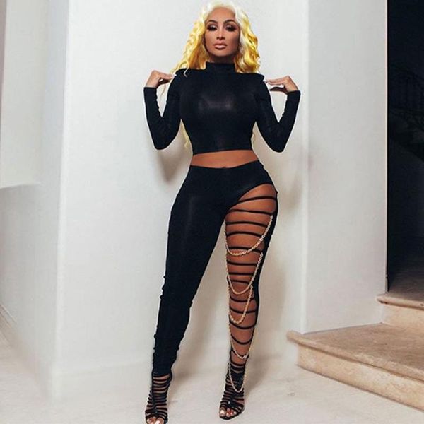 

black two piece set women festival clothing sets crop hollow out chain pants suit christmas club outfits matching sets, Gray