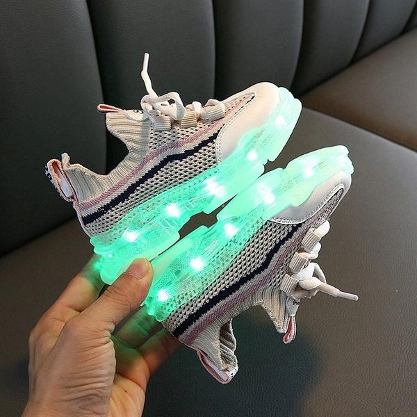 

new grey bright solid usb led light up kid shoes breathable hook &loop children charging luminous sneakers for girl&boy 25-37 #vj0x