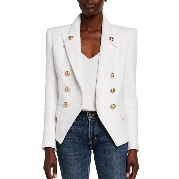 

high street fall winter 2020 designer jacket women's double breasted lion buttons slim fitting tweed blazer1, White;black