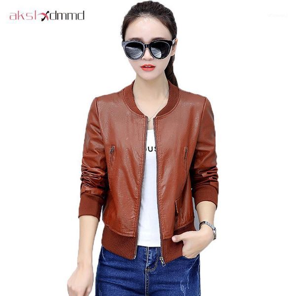 

akslxdmmd women's slim short style motorcycle leather jacket autumn winter women black o-neck pu leather coat yr0361