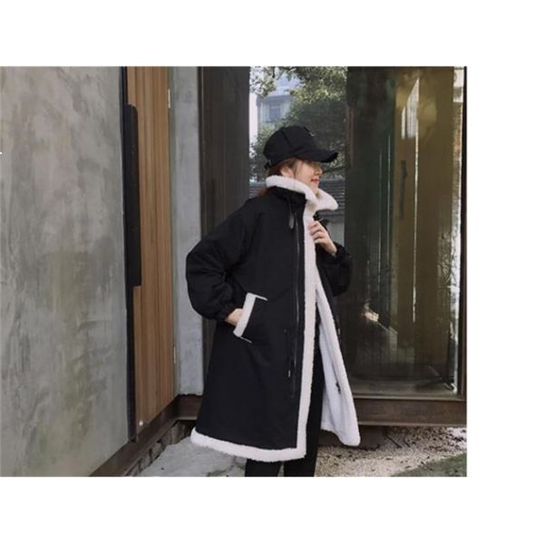 

2021 new lamb velvet woman's jacket winter plus size student long korean section loose mutton wool 9q1e, Black