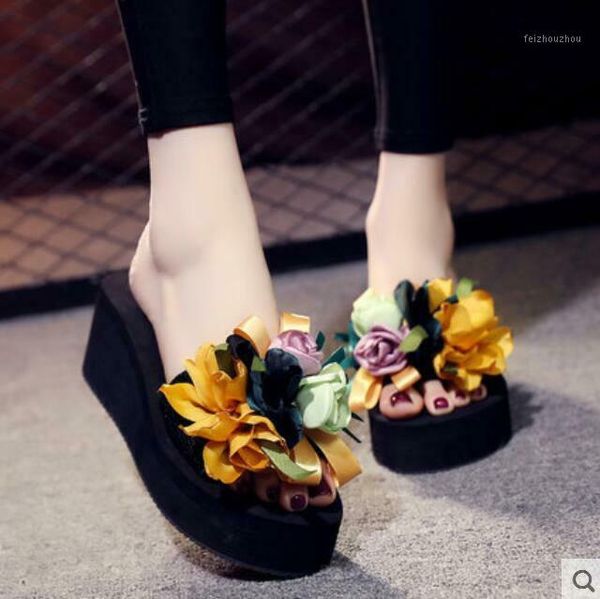 

high heel lady seaside holiday beach slippers women's fowers sandals shoes1, Black