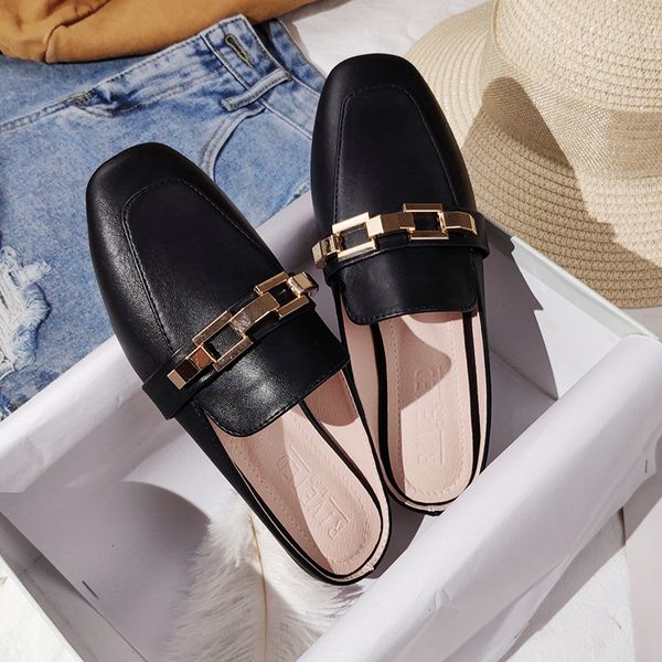 

women's slippers outdoor women's slippers flat muller slippers women's fashion sandals 2020 new fashion leather shoes x1020, Black