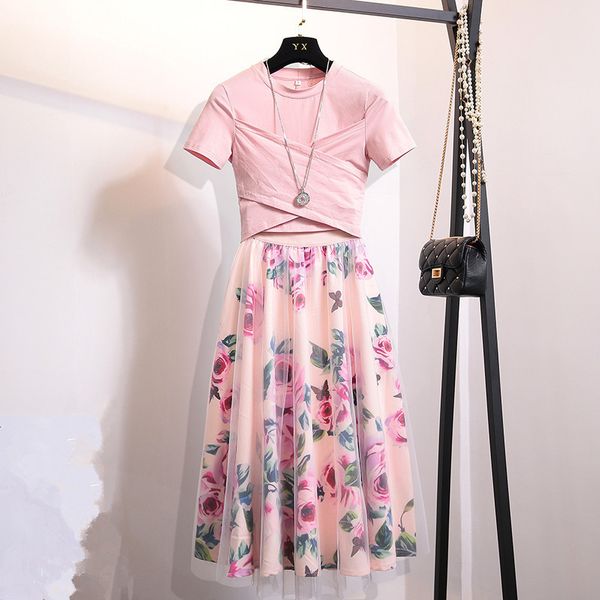 

summer women 2 piece set 2020 fashion pink cotton bowknot short t shirt + mesh floral print big swing long skirt suits x0923, Gray