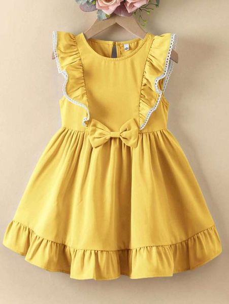 

little girl's front bow embossed lace detail ruffle dress she, Red;yellow
