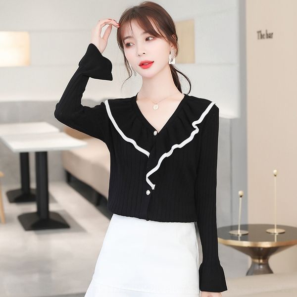 

0y9ch autumn 2020 new sweater ruffle pullover sweater paldf long sleeve versatile short slim bottoming shirt women's, White;black