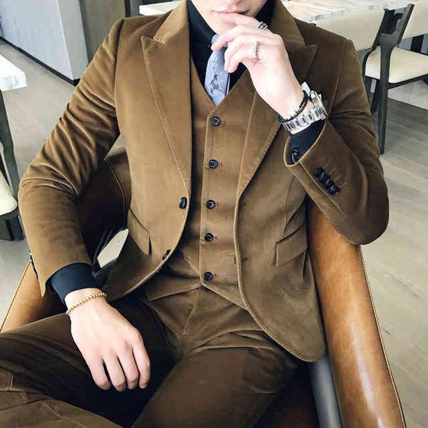 

men's suits & blazers brown green corduroy suit slim fit vestito uomo smoking british terno masculino trajes hombres formal latest coat, White;black