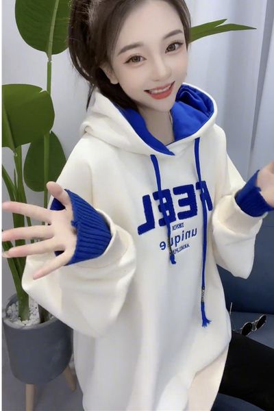 

hoodies chaopai street letter splicing hooded plush thickened sweater women's autumn and winter loose lazy style pullover top, Black