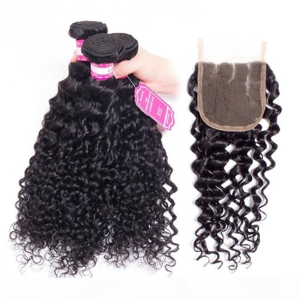 

human hair deep wave 4x4 lace closure with 3 bundles brazilian hair extensions natural color virgin hair full density, Black;brown