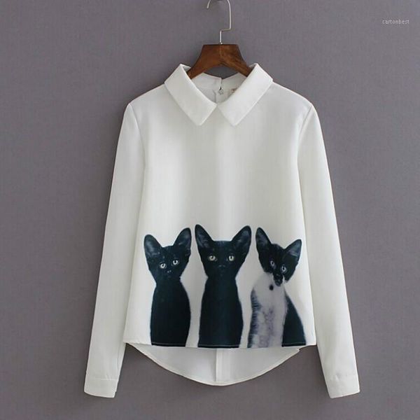 

women's blouses & shirts chic 3d three cats printed chiffon turn down collar irregular back zipper long sleeve blusas mujer 20211, White