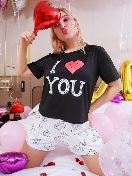 

plus heart & letter graphic pj set f6gf#, Black;white