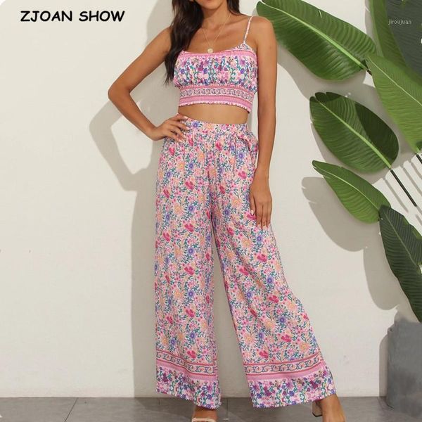 

boho pink crop elastic hem floral print bra tank set women tie bow sashes wide leg pants ruched camis 2 pieces set1, Gray