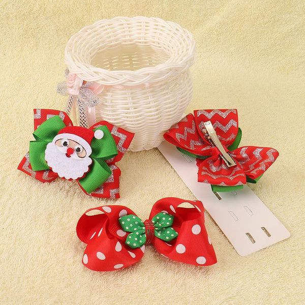 

christmas santa claus hair clips for girls handmade ribbon hair bows children kids hairgrips festival headwear accessories1, Slivery;white