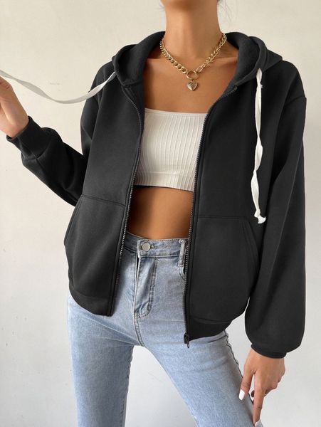 

solid zip front drawstring thermal hoodie s7jq#, White;black