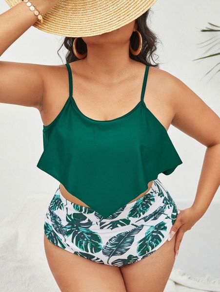

plus leaf print hanky hem bikini swimsuit 10g7#, Black
