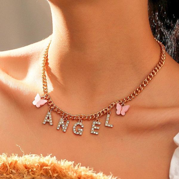 

chains letter colorful butterfly pendant necklace for women ins micro-inlaid baby angel chain necklaces metal choker jewelry, Silver