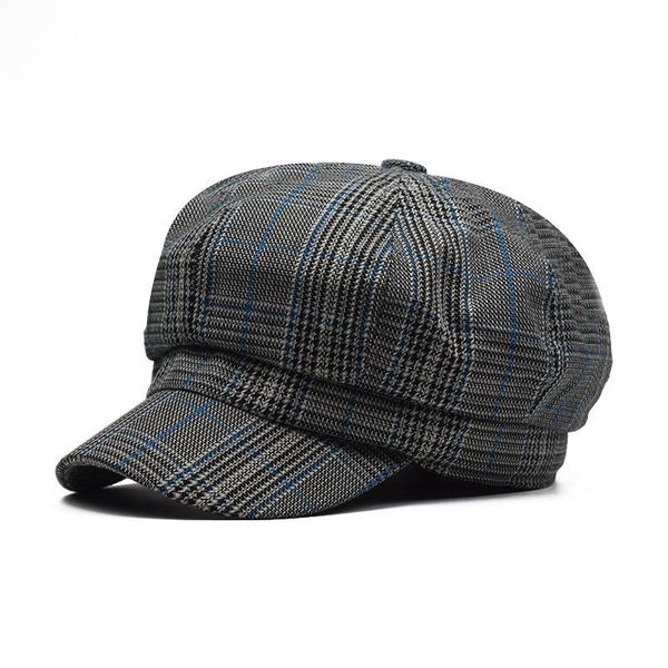 

berets fashion 2021 men octagonal hat navy plaid spring vintage spaper caps korean painters beret for women, Blue;gray