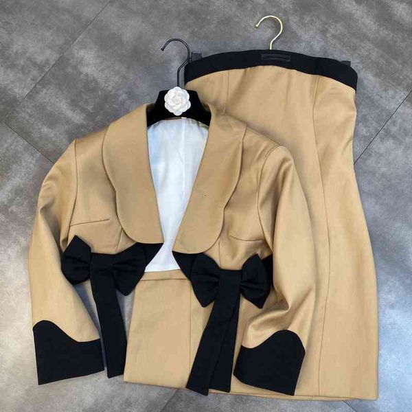 

two piece dress high street est designer fashion runway suit set women's strapless tube shawl collar blazer 2pcs rzax, White