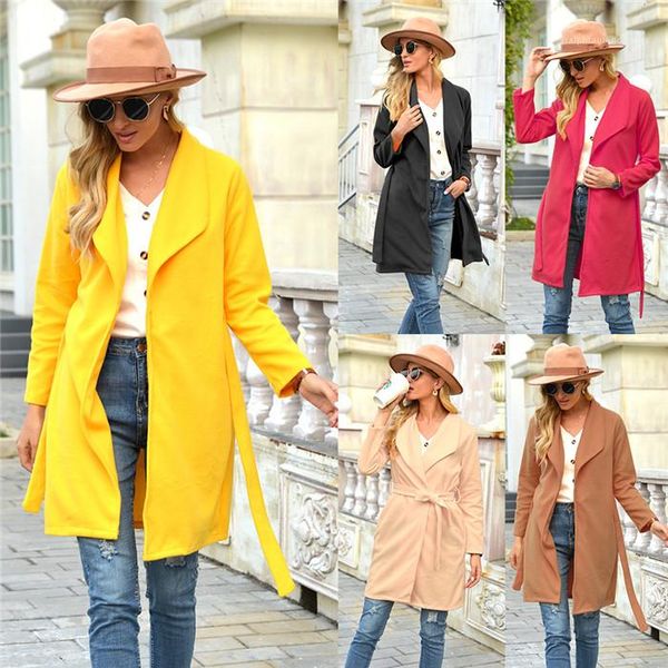 

with sash solid color casual fashion high street women outerwear clothing autumn winter wool blends womens designer lapel neck coats, Black