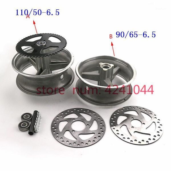 

a set: 90/65-6.5 front and 110/50-6.5 rear aluminum wheel hub+1pcs sprocket+2pcs brake disc for pocket bike 47cc 49cc1