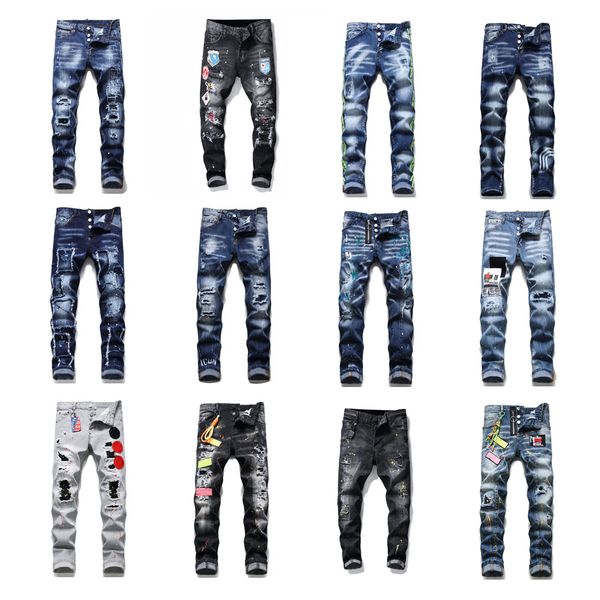 Jeans masculinos rasgados slim fit moda skinny reta perna lavada calças masculinas desfiadas motociclista jeans hip hop stretch biker calças masculinas 1095