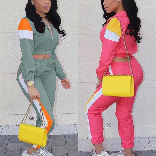 

women 2piece color block outfits tracksuits stripe patchwork long sleeve zip jacket crop skinny ankle length pants sweatsuit, Gray