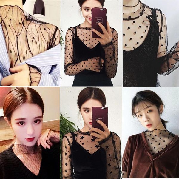 

womens mesh 2020 fashion ladies club party t shirt stand collar cool hollow out lace star dot striped female net, White