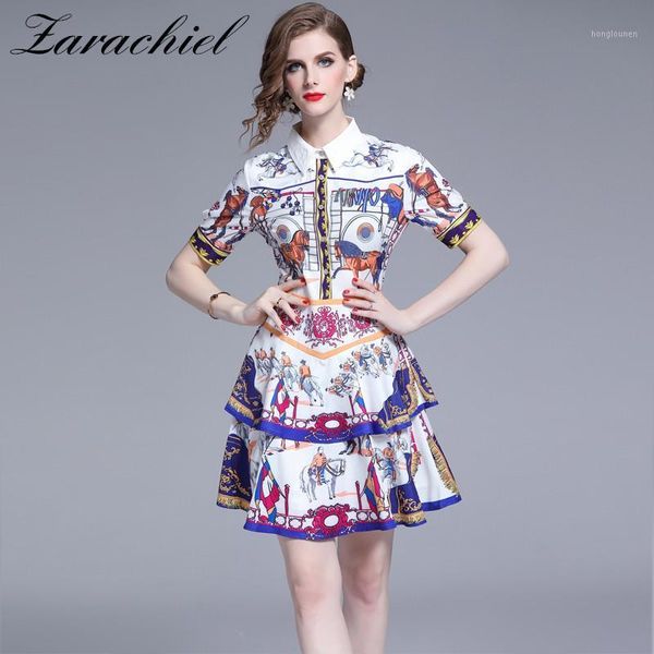 

designer runway shirt dress 2019 summer women short sleeve turn down collar vintage horse flower print elegant layer cake dress1, Black;gray