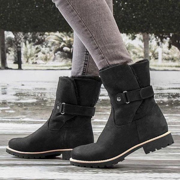 

women booties autumn winter boots casual work shoes pure color round toe slip-on short boots square heels vintage female, Black