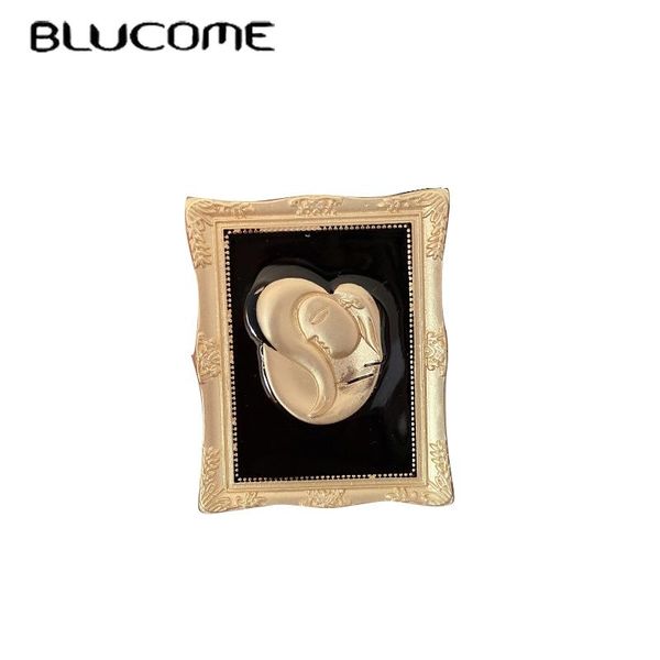 

blucome vintage baroque matte gold picasso oil painting brooches for women enamel art high-quality moon girl brooch hijab pins, Gray