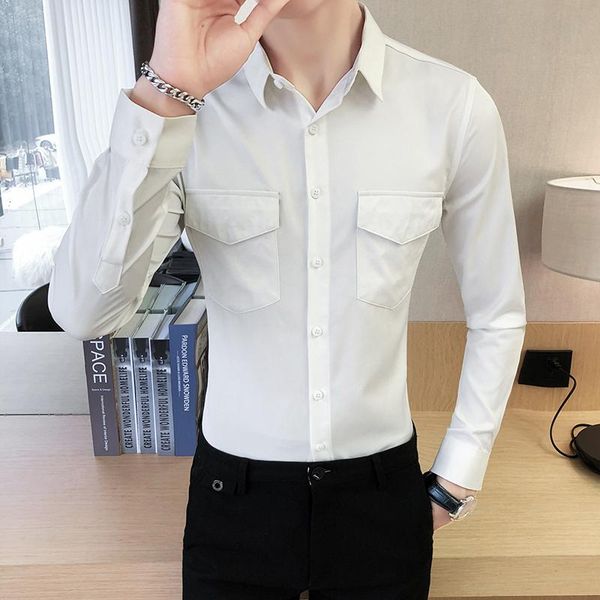 

men's casual shirts 2021 autumn long-sleeved shirt male korean version of the slim hair stylist net red trend social, White;black