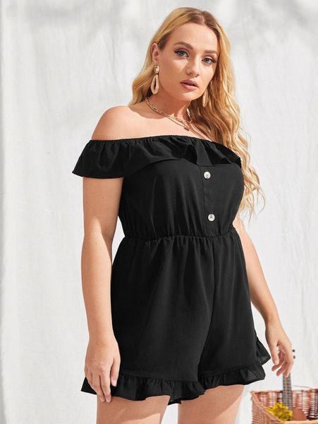 

plus solid ruffle trim bardot romper e4ld#, Black