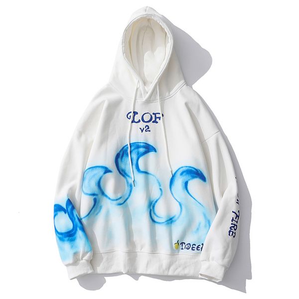 

2021 new winter fleece hooded pullover blue fire flame print hip hop streetwear mens cotton harajuku hoodie swatshirt men 08om, Black